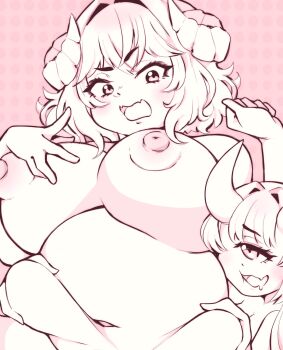 2025 2girls belly breasts cecihime cecilia_rosenkreutz eira_woolcot fang greyscale highres horn horns indie_virtual_youtuber large_breasts monochrome multiple_girls one-eyed open_mouth plump saliva self-portrait sexual_harassment virtual_youtuber yuri