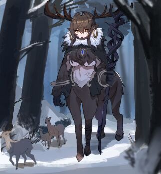1girl animal animal_ears animal_hands antlers black_cloak breasts brown_hair centauroid chest_fur claws cloak deer deer_antlers deer_ears deer_girl earrings forest full_body fur-trimmed_cloak fur_trim giant giantess hassuyu_ni highres holding holding_staff hoop_earrings hooves horns jewelry large_breasts long_hair monster_girl nature original outdoors snow solo staff taur walking yellow_eyes