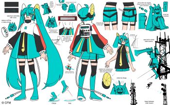 1girl ahoge armlet bandaid bandaid_on_face bandaid_on_nose blue_eyes blue_hair boots cable cable_tail color_guide commentary copyright_notice covered_mouth english_commentary english_text full_body hair_ornament hairclip hatsune_miku hatsune_miku_expo high_collar highres jacket jewelry long_hair long_sleeves looking_to_the_side mechanical_tail multiple_views necktie radio_tower reference_sheet rice_deity ringed_eyes shirt shorts sleeveless sleeveless_shirt tail thigh_boots thigh_strap turnaround twintails very_long_hair vocaloid