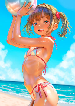1girl ball beach beachball bikini blue_sky cloud day flat_chest hair_ornament hair_scrunchie highres holding loli looking_at_viewer navel ocean open_mouth original outdoors paid_reward_available scrunchie side-tie_bikini_bottom sky smile solo swimsuit twintails uzuki_mei