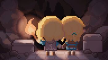 1boy 1girl anmian_ruomeng armor blonde_hair blue_shirt blue_tunic boots breastplate brown_boots brown_gloves cape cave chibi chinese_commentary commentary_request dark fingerless_gloves fire from_behind gloves grey_cape grey_pants hair_tie heads_together highres holding holding_hands holding_torch hood hood_down hooded_cape link long_sleeves making-of_available nintendo pants pixel_art ponytail princess_zelda shirt short_hair short_ponytail standing the_legend_of_zelda the_legend_of_zelda:_tears_of_the_kingdom torch tunic