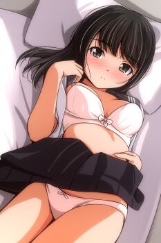 1girl absurdres bed bed_sheet black_hair black_skirt blush bow bow_bra bow_panties bra breasts brown_eyes clothes_lift commentary_request highres long_hair looking_at_viewer lying matsunaga_kouyou on_bed open_clothes open_shirt original panties parted_lips pillow school_uniform shirt short_sleeves skirt skirt_lift small_breasts solo thighs underwear white_bow white_bra white_panties white_shirt