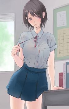 1girl akiyama_cz4a blush breasts brown_hair commentary_request green_skirt highres indoors looking_at_viewer medium_breasts mole mole_on_thigh mole_under_mouth original red_ribbon ribbon shirt short_hair skirt sleeves_rolled_up standing underwear white_shirt