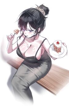 1girl absurdres averting_eyes bench black_bra black_hair bowl bra breasts cake cake_slice character_request cleavage commentary cropped_legs dongtan_dress dress earrings food fork from_above fruit grey_dress hair_bun hands_up highres holding holding_fork indie_virtual_youtuber jewelry jiajia_0425 large_breasts on_bench parted_bangs parted_lips pet_bowl purple_eyes reaching reaching_towards_viewer shiny_skin simple_background single_hair_bun sitting solo strawberry strawberry_cake sweat underwear virtual_youtuber white_background wooden_bench