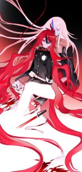 absurdly_long_hair ahoge armor black_background black_hair blood blue_eyes blue_hair closed_mouth collar gradient_background hair_between_eyes highres last_defense_academy_school_uniform leash long_hair looking_at_viewer multicolored_eyes multicolored_hair one_eye_covered purple_eyes red_background red_eyes red_hair severed_leg severed_limb shoulder_armor simple_background sumino_takumi sword the_hundred_line_-last_defense_academy- v&#039;ehxness very_long_hair weapon white_background white_hair