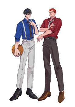 2boys a_nzi_end adjusting_clothes adjusting_necktie ball basketball_(object) belt black_belt black_hair black_necktie black_pants black_shoes blue_shirt brown_shoes closed_mouth commentary_request full_body highres holding holding_ball looking_at_another male_focus multiple_boys necktie orange_hair pants red_shirt rolling_sleeves_up rukawa_kaede sakuragi_hanamichi shirt shoes signature slam_dunk_(series) suspenders white_necktie white_pants