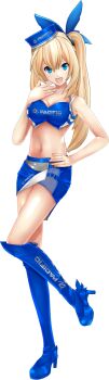 Rule 34 | 1girl, blonde hair, blue eyes, boots, female focus, hair ornament, hair ribbon, high heel boots, high heels, knee boots, long hair, looking at viewer, midriff, mirai akari, mirai akari project, official art, open mouth, pacific racing, race queen, ribbon, side ponytail, solo, standing, standing on one leg, straight hair, tagme, transparent background, virtual youtuber