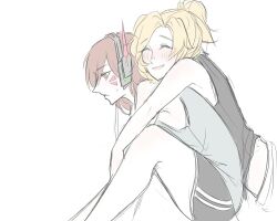 2girls arms_around_neck blonde_hair blush brown_eyes brown_hair closed_eyes d.va_(overwatch) facial_mark grey_shirt headphones hug hug_from_behind long_hair mercy_(overwatch) multiple_girls overwatch overwatch_1 ponytail servandakin shirt shorts tank_top yuri