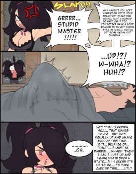 1boy 1girl 3koma ahoge anger_vein angry black_hair blush breasts chibi chibi_inset comic english_text erection_under_blanket fidgeting hair_over_one_eye highres large_breasts open_mouth original purple_eyes sleeping sound_effects teeth twintails upper_teeth_only vammzu