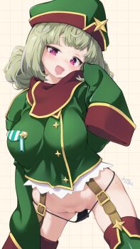 1girl araga_kiwi artist_name black_panties breasts commentary_request covered_erect_nipples cowboy_shot deto green_hair green_hat green_jacket grid_background hat highres jacket leoparde_(mahou_shoujo_ni_akogarete) long_hair looking_at_viewer mahou_shoujo_ni_akogarete military_hat mole mole_under_eye panties panty_pull purple_eyes pussy pussy_peek simple_background sleeves_past_fingers sleeves_past_wrists smile solo sweat tongue tongue_out underwear yellow_background