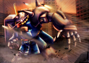 armor building city commentary_request company_connection danshi_koukousei_no_nichijou day dodging glowing glowing_eye gundam joints kitajima_kitarou mecha missile mobile_suit no_humans no_pupils one-eyed outdoors parody pink_eyes robot robot_joints science_fiction shoulder_armor shoulder_spikes sky skyscraper solo spikes sunrise_(company) sunset zaku zaku_(danshi_koukousei_no_nichijou)