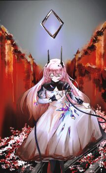 1girl albtraum arknights black_horns chinese_commentary cleavage_cutout closed_eyes closed_mouth clothing_cutout commentary_request curtsey dress facing_viewer fire flower hair_between_eyes highres horns jewelry long_hair long_sleeves multiple_rings pink_hair red_flower ring skirt_hold smile solo standing theresa_(arknights) white_dress white_flower