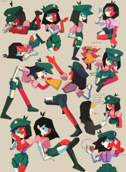 Rule 34 | 3girls, angry, animal hat, black eyes, black hair, blunt bangs, blunt ends, bob cut, cat hat, collared shirt, colored skin, coral, coral glasses, cubism, dress, dual persona, ena: dream bbq, ena (dream bbq), ena (series), ena (species), floating head, glasses, green hat, hat, highres, jacket, long hair, low poly, meanie ena, multicolored skin, multiple girls, official style, open mouth, pink shirt, red skin, salesperson ena, scene reference, shirt, short sleeves, simple background, smile, split-color skin, string phone, sweat, taski maiden (ena), two-tone skin, white skin, zzeravera