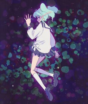 1girl aqua_hair black_skirt blue_hair char's_counterattack commentary_request eye_trail full_body gundam highres kneehighs light_trail long_sleeves looking_at_viewer looking_back milklily1205 pleated_skirt profile quess_paraya sailor_collar shirt skirt smile socks solo twintails waving white_sailor_collar white_shirt white_socks