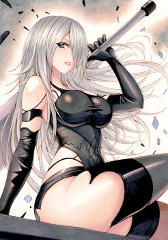 1girl a2_(nier:automata) android bare_shoulders black_gloves black_leotard blue_eyes breasts commentary_request elbow_gloves gloves grey_hair hair_over_one_eye highleg highres holding large_breasts leotard leotard_under_clothes long_bangs long_hair looking_at_viewer medium_breasts mole nier:automata nier_(series) solo sword thighhighs traditional_media weapon white_hair yosaku_vs_hina