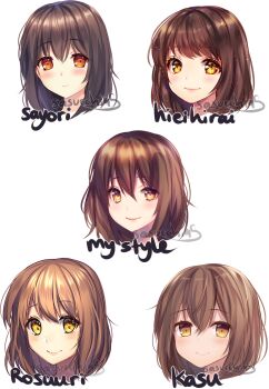 1girl absurdres artist_name blush bob_cut brown_hair closed_mouth commentary cropped_head double-parted_bangs english_commentary english_text hair_between_eyes highres lips looking_at_viewer multiple_style_parody multiple_views original parody sasucchi95 short_hair simple_background smile style_parody swept_bangs tareme white_background yellow_eyes