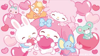 2girls 3boys ^_^ animal_ears blue_bow blue_vest bow chibikemo closed_eyes commentary_request furry furry_female furry_male hair_bow happy heart holding holding_heart mouse_boy mouse_ears mouse_tail mr._flat multiple_boys multiple_girls my_melody my_melody_(series) my_sweet_piano official_art open_clothes open_vest pastel_colors pawpads pink_theme pipi_(sanrio) popo_(sanrio) rabbit_boy rabbit_ears rabbit_girl rabbit_tail rhythm_(sanrio) risu_(sanrio) sanrio second-party_source sheep_ears sheep_girl smile squirrel_boy squirrel_ears squirrel_tail stuffed_animal stuffed_rabbit stuffed_toy tail teddy_bear vest yume_kawaii