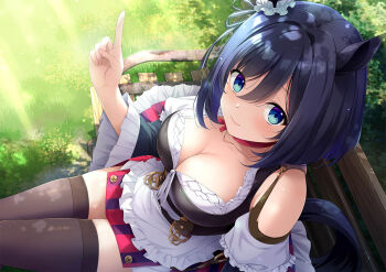 1girl animal_ears bench black_hair black_thighhighs blue_eyes blush bob_cut bodice breasts choker cleavage closed_mouth collarbone commentary_request detached_sleeves dirndl ear_ornament ear_scrunchie eishin_flash_(meisterschaft)_(umamusume) eishin_flash_(umamusume) gennosuke german_clothes grass hair_between_eyes horse_ears horse_girl horse_tail large_breasts long_sleeves looking_at_viewer looking_up medium_hair outdoors red_choker red_skirt scrunchie shirt short_hair sitting skirt smile solo striped_clothes striped_skirt tail thighhighs umamusume vertical-striped_clothes vertical-striped_skirt white_scrunchie white_shirt