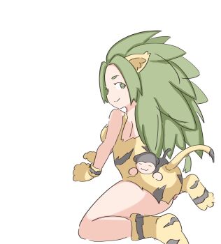 1girl animal_ears arm_support ass breasts cat_ears cat_tail cham_cham green_eyes green_hair highres kneeling legs long_hair looking_at_viewer looking_back medium_breasts monkey pointy_hair samurai_spirits seductive_gaze seductive_smile sideboob smile snk solo tail thick_thighs thighs