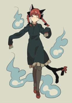 1girl animal_ears black_dress black_ribbon blush bow braid cat_ears cat_girl cat_tail dress emu_(eomou) grey_background hair_ribbon hitodama kaenbyou_rin long_sleeves looking_at_viewer multiple_tails nekomata one_eye_closed pantyhose puckered_lips red_eyes red_hair red_shoes ribbon shoes simple_background sleeves_past_fingers sleeves_past_wrists solo tail touhou twin_braids two_tails