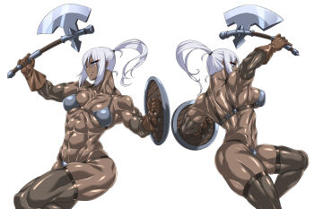 abs amazon_warrior armor axe battle_axe bikini_armor blue_eyes commentary_request dark_skin elbow_gloves gloves highres holding holding_axe looking_to_the_side mimizu_(tokagex) muscular muscular_female original ponytail shield simple_background thick_thighs thighhighs thighs thong weapon white_background white_hair