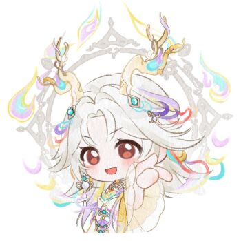 Rule 34 | 1girl, antlers, aqua ribbon, artist request, brown eyes, chinese clothes, chroma's mortal heart (infinity nikki), cropped torso, deer antlers, detached sleeves, dress, earrings, eyelashes, frilled sleeves, frills, gold earrings, gold necklace, hair ornament, hair ribbon, halo, halo behind head, happy, hitodama, horns, infinity nikki, jewelry, light blush, long hair, long sleeves, looking at viewer, necklace, nikki (series), official art, open mouth, parted bangs, purple ribbon, red ribbon, ribbon, smile, snapping fingers, solo, sticker (medium), strapless, strapless dress, tareme, transparent background, white dress, white hair, white halo, wide sleeves, yellow horns, yellow sleeves