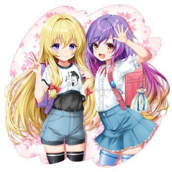 2girls :d aged_down arm_up backpack bag black_shirt black_thighhighs blonde_hair blue_shorts blue_skirt blue_thighhighs blush brown_hair center_frills closed_mouth collarbone collared_shirt commentary_request commission cowboy_shot floral_background frills gradient_hair highres hijiri_byakuren kamiya_tomoe multicolored_hair multiple_girls open_mouth pink_background pixiv_commission pleated_skirt puffy_short_sleeves puffy_sleeves purple_eyes purple_hair randoseru shirt short_sleeves shorts skirt smile thighhighs touhou undershirt white_background white_shirt yakumo_yukari