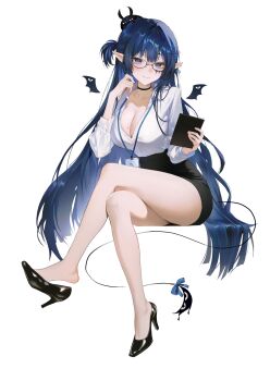 1girl absurdres black_choker black_shoes black_skirt black_wings blue_eyes blue_hair blush bow breasts choker cleavage clipboard commentary crescent crescent_earrings crossed_legs d'orsay_heels demon_girl demon_wings detached_wings earrings english_commentary glasses hair_intakes hair_ornament hand_up high_heels highres holding holding_clipboard id_card jewelry kkokoma large_breasts legs light_blush long_hair long_sleeves looking_at_viewer mini_wings miniskirt mole mole_on_breast office_lady one_side_up pencil_skirt pointy_ears rem_kanashibari second-party_source shirt shoe_dangle shoes simple_background sitting skirt smile solo stud_piercings tail tail_bow tail_ornament v4mirai very_long_hair virtual_youtuber white_background white_shirt wings