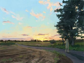 1girl absurdres backlighting cloud colored_skin commentary_request gradient_sky highres long_hair looking_to_the_side original outdoors road scenery shadow shirt shoes shorts sky solo sugita_magari sunset tree walking white_hair white_shirt white_shoes white_shorts white_skin wide_shot