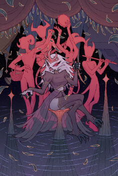 1girl 4boys absurdres banjo bare_hips beak bird bird_girl bird_legs bird_tail black_nails breasts closed_mouth clothing_cutout colored_sclera colored_skin crossed_legs crown curtains demon demon_girl demon_horns demon_tail dress eyeshadow falling_petals feathers fingernails flute furry furry_female gradient_clothes gradient_dress hellaverse helluva_boss highres horns impmansloot instrument jewelry knife long_hair makeup medium_breasts multiple_boys music navel_cutout open_clothes open_skirt petals pink_eyeshadow pink_sclera playing_flute playing_instrument purple_dress red_skin ring ripples see-through_clothes see-through_dress sharp_fingernails sharp_toenails sitting skirt stage_curtains star_(symbol) star_symbol_background stella_(helluva_boss) tail tambourine thighhighs throwing throwing_petals toenails water wedding_ring white_bird white_feathers