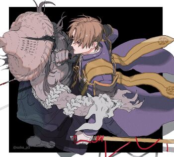 2boys battle black_background brown_hair closed_mouth coat colored_skin commentary_request covered_face enemy_uchigatana expressionless fingernails from_above grey_skin hat heshikiri_hasebe high_collar holding holding_sheath holding_weapon katana long_fingernails long_hair looking_at_another male_focus multiple_boys parted_bangs purple_coat purple_hair saike_p0 sharp_nails sheath short_hair simple_background sword touken_ranbu unsheathed weapon wind