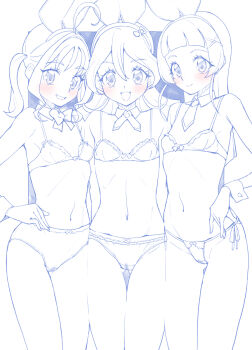 Rule 34 | 3girls, ahoge, animal ears, aokaze nana, blue theme, blush, bow, bow bra, bow panties, bowtie, bra, breasts, closed mouth, commentary, cowboy shot, crotch seam, detached collar, eighth note, fake animal ears, fortissimo, girl sandwich, gluteal fold, hair ornament, hairband, hand on own hip, highres, kimi to idol precure, large variant set, long hair, looking at viewer, medium hair, micro panties, miyagoe yoshitsuki, monochrome, multiple girls, musical note, musical note hair ornament, necktie, open mouth, panties, precure, rabbit ears, sakura uta (precure), sandwiched, shigure kokoro, side-by-side, side-tie panties, small breasts, smile, spot color, straight hair, string panties, thigh gap, tie tab, twintails, underwear, variant set, wrist cuffs, x hair ornament