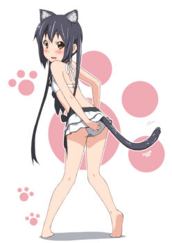 1girl animal_ears ass barefoot bikini black_hair blush brown_eyes cat_ears cat_tail errant female_focus full_body k-on! long_hair looking_back nakano_azusa paw_print simple_background skirt solo swimsuit tail twintails