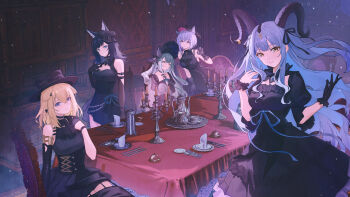 5girls absurdres animal_ears arknights ascot ave_mujica_(bang_dream!) bang_dream! bang_dream!_it&#039;s_mygo!!!!! black_ascot black_bonnet black_dress black_gloves black_hair black_horns black_ribbon blonde_hair blue_eyes blue_hair bonnet candlestand cat_ears cat_girl chair chinese_commentary closed_mouth commentary_request cup curled_horns dark_room dog_ears dog_girl dress floppy_ears fork gloves gothic_lolita green_hair hair_between_eyes hair_ornament hair_ribbon highres horn_ornament horn_ring horns indoors kemonomimi_mode knife light_particles lolita_fashion long_hair long_table looking_at_viewer medium_hair misumi_uika misumi_uika_(caged_singer) multiple_girls okfin3_(sogoodman4396) on_chair purple_eyes purple_hair rabbit_ears rabbit_girl ribbon saucer short_hair sidelocks single_glove sitting smile spoon standing stuffed_animal stuffed_rabbit stuffed_toy table teacup teapot togawa_sakiko togawa_sakiko_(master_of_melodia) wakaba_mutsumi wakaba_mutsumi_(marionette&#039;s_id) wolf_ears wolf_girl wrist_cuffs x_hair_ornament yahata_umiri yahata_umiri_(moonlight_executioner) yellow_eyes yuutenji_nyamu yuutenji_nyamu_(magician_of_passion)