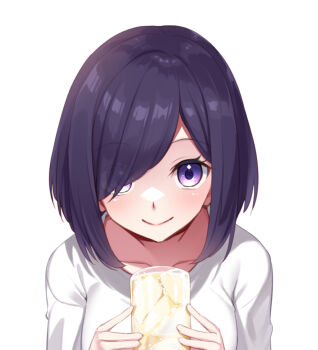 Rule 34 | 1girl, black hair, blush, bob cut, breasts, closed mouth, commentary request, cup, dodome-iro mayonnaise, drinking glass, holding, holding cup, indie virtual youtuber, juice, komurasaki rin, looking at viewer, orange juice, portrait, purple eyes, shirt, short hair, simple background, smile, solo, swept bangs, t-shirt, variant set, virtual youtuber, white background, white shirt