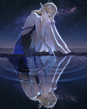 1girl bare_shoulders barefoot black_dress blonde_hair blue_eyes breasts cartethyia_(wuthering_waves) chco closed_mouth commentary crown_of_thorns different_reflection dress earrings english_commentary fleurdelys_(wuthering_waves) floating_earrings from_side highres horns jewelry knees_up large_breasts long_hair looking_at_reflection medium_breasts night night_sky outdoors pointy_ears reflection revision ripples sidelocks single_horn sitting sky smile solo tacet_mark_(wuthering_waves) thighs toes very_long_hair wuthering_waves yellow_horns