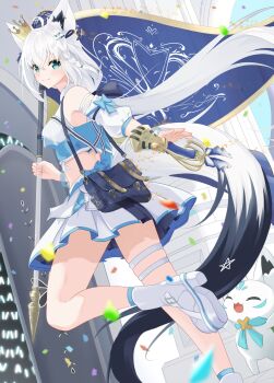 1girl absurdres ahoge animal_ear_fluff animal_ear_piercing animal_ears aqua_eyes asymmetrical_clothes asymmetrical_pants bag bare_shoulders black_tail blue_overskirt boots braid center-flap_bangs center_frills collared_shirt concert cropped_shirt crossed_bangs crown detached_sleeves double-parted_bangs earrings extra_ears flag fox_ears fox_girl fox_tail frills full_body garter_straps glowstick highres hiragi_moka holding holding_flag hololive hololive_idol_uniform_(color_rise) idol idol_clothes jewelry long_hair looking_at_viewer low-tied_long_hair microphone midriff mini_crown mismatched_thighhighs multicolored_shirt multicolored_tail navel official_alternate_costume pentagram platform_boots puffy_detached_sleeves puffy_sleeves satchel shirakami_fubuki shirt shoe_soles side_braid sidelocks single_braid single_detached_sleeve single_earring single_garter_strap single_pantsleg single_sleeve skirt smile solo stage stairs sukonbu_(shirakami_fubuki) tail thigh_strap virtual_youtuber white_hair white_tail