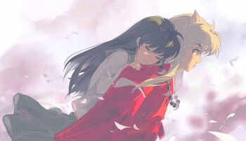 1boy 1girl :o absurdres animal_ears bead_necklace beads black_hair blush closed_mouth commentary_request couple dog_ears from_side green_sailor_collar green_skirt grey_hair hair_between_eyes hano_1219 hetero highres higurashi_kagome inuyasha inuyasha_(character) japanese_clothes jewelry kimono long_hair long_sleeves necklace open_mouth petals red_kimono sailor_collar shirt skirt white_shirt yellow_eyes