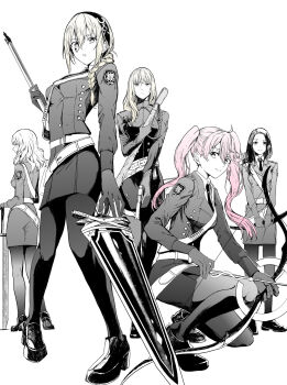 5girls arrow_(projectile) bow_(weapon) braid breasts character_request collared_shirt commentary_request fate/strange_fake fate_(series) greyscale gun handgun highres holding holding_arrow holding_bow_(weapon) holding_gun holding_polearm holding_sword holding_weapon jacket large_breasts long_hair long_sleeves looking_at_viewer monochrome multiple_girls necktie pants patch pink_hair polearm police police_uniform shirt shoes shoulder_patch simple_background skirt smile spear spot_color squatting standing sword syatey twintails vera_levitt weapon