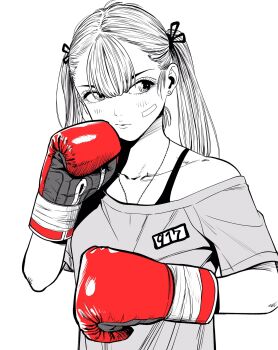 1girl bandaid bandaid_on_cheek bandaid_on_face boxing boxing_gloves bra_strap commentary_request fighting_stance gloves greyscale highres jewelry lee_(dragon_garou) monochrome necklace off-shoulder_shirt off_shoulder original red_gloves shirt sideways_glance solo spot_color twintails upper_body