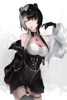 Rule 34 | 1girl, absurdres, arm behind back, belt, black hair, black jacket, black skirt, breasts, cleavage, closed mouth, detached collar, double bun, eyewear on head, garter belt, grey hair, hair bun, hand up, high-waist skirt, highres, hololive, hololive english, jacket, jewelry, kurochanai, long hair, long sleeves, medium breasts, multicolored hair, multicolored jacket, necklace, off shoulder, open clothes, open jacket, piercing, ring, shiori novella, shirt, shirt tucked in, skirt, sleeveless, sleeveless shirt, sleeves past wrists, smoke, solo, split-color hair, sunglasses, thigh belt, thigh strap, tongue, tongue out, tongue piercing, two-tone hair, two-tone jacket, virtual youtuber, white hair, white jacket, white shirt, yellow eyes