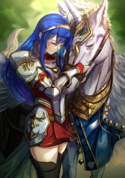 1girl armor armored_dress black_gloves blue_hair boots caeda_(fire_emblem) dress elbow_gloves closed_eyes feathered_wings fingerless_gloves fire_emblem fire_emblem:_mystery_of_the_emblem gloves hairband highres horns horse ippers long_hair looking_down nintendo pegasus pegasus_knight_uniform_(fire_emblem) red_dress simple_background single_horn smile solo thigh_boots thighhighs very_long_hair winged_unicorn wings zettai_ryouiki
