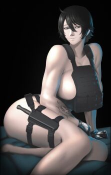 1girl absurdres adun_madun arm_tattoo black_gloves black_hair breasts bulletproof_vest chequita_(jormungand) gloves highres huge_breasts jormungand_(manga) looking_at_viewer nude short_hair sitting solo tattoo thigh_strap
