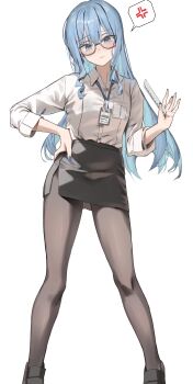 1girl absurdres anger_vein black_pantyhose black_shoes black_skirt blue_eyes blue_hair blue_nails collared_shirt colored_inner_hair commentary glasses hand_on_own_hip highres holding_ruler hololive hoshimachi_suisei lanyard legs_apart long_hair looking_at_viewer miniskirt multicolored_hair nail_polish pantyhose pencil_skirt scarlet_(wv0102) shirt shirt_tucked_in shoes side_slit sidelocks simple_background skirt solo spoken_anger_vein standing star_(symbol) star_in_eye symbol-only_commentary symbol_in_eye three-quarter_sleeves very_long_hair virtual_youtuber white_background white_shirt