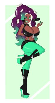 1girl alternate_breast_size_(larger) bimbofication breasts earrings high_heels highres hoop_earrings jewelry large_breasts looking_at_viewer marina_(splatoon) nintendo non-web_source platform_heels sealguy splatoon_(series) sunglasses zipper_pull_tab