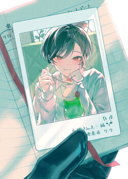 Rule 34 | 2boys, ariake (ooe), black gloves, black hair, cherry, chinese commentary, commentary request, drink, eyeliner, food, fruit, glass, gloves, hair between eyes, hand on own face, hand up, happy birthday, highres, holding, holding notebook, holding spoon, ice cream, ice cream float, jewelry, long sleeves, looking at viewer, makeup, male focus, mmmichiko, multiple boys, notebook, ooe (game), oosaki (ooe), polaroid photo, red eyeliner, red eyes, ring, shirt, sitting, sleeves past wrists, smile, solo focus, spoon, upper body, wedding ring, white shirt