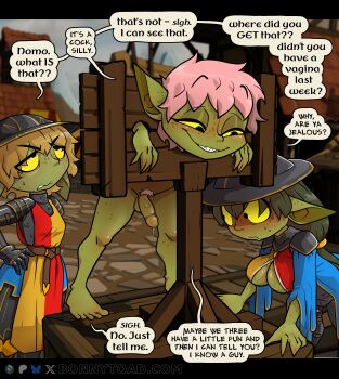 1futa 2girls absurdres annoyed armor bonnytoad breasts completely_nude embarrassed female_goblin futanari goblin highres kettle_helm large_breasts looking_at_another looking_at_penis medieval multiple_girls nude original penis_awe pillory pink_hair plate_armor pointy_ears restrained shortstack small_breasts smile speech_bubble sweat testicles yellow_eyes