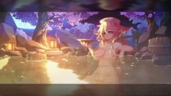 1girl absurdres aduare animal_ears animated bathing blinking breasts cherry_blossoms completely_nude cup drinking earrings floppy_ears fox_ears full_moon genshin_impact hair_between_eyes highres holding holding_cup jewelry lantern large_breasts long_hair moon naked_towel night night_sky nipples nude outdoors partially_submerged pink_hair pixel_art purple_eyes sakazuki sitting sky solo towel tree video yae_miko