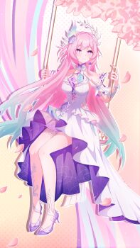 1girl absurdres bare_legs bare_shoulders blue_hair blush breasts chinese_commentary closed_mouth commentary_request cyrene_(honkai:_star_rail) cyrene_(ripples_of_past_reverie)_(honkai:_star_rail) diamond-shaped_pupils diamond_(shape) dress flower gradient_hair hair_flower hair_ornament high_heels highres honkai:_star_rail honkai_(series) large_breasts legs long_hair looking_at_viewer multicolored_hair nauuj on_swing pink_eyes pink_hair pink_petals purple_flower purple_rose purple_shoes rose shoes sitting smile solo swing symbol-shaped_pupils very_long_hair white_dress