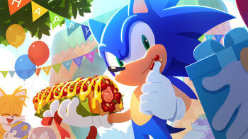 ^_^ amphibian amy_rose androgynous animal_nose balloon banner big_the_cat birthday blue_fur blue_sky bow bow_(feature) box bunting_(banner) chili_dog closed_eyes day decoration eating english_text floral_bow food food_on_face fox frog froggy_(sonic) furry furry_male gift gift_box gloves grass green_eyes green_hill_zone happy happy_birthday hedgehog holding holding_food holding_gift hot_dog inflatable karasuno_yui knuckles_the_echidna letter_bunting male_focus multiple_boys open_mouth outdoors pennant_banner pink_fur plant purple_fur red_fur ribbon ribbon_bow sega sky smile solo_focus sonic_(series) sonic_channel sonic_generations sonic_the_hedgehog sonic_x_shadow_generations standing tails_(sonic) tongue tongue_out tree white_fur white_gloves yellow_eyes yellow_fur